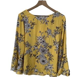 Romantic Floral Blouse Bell Sleeves Large Yellow